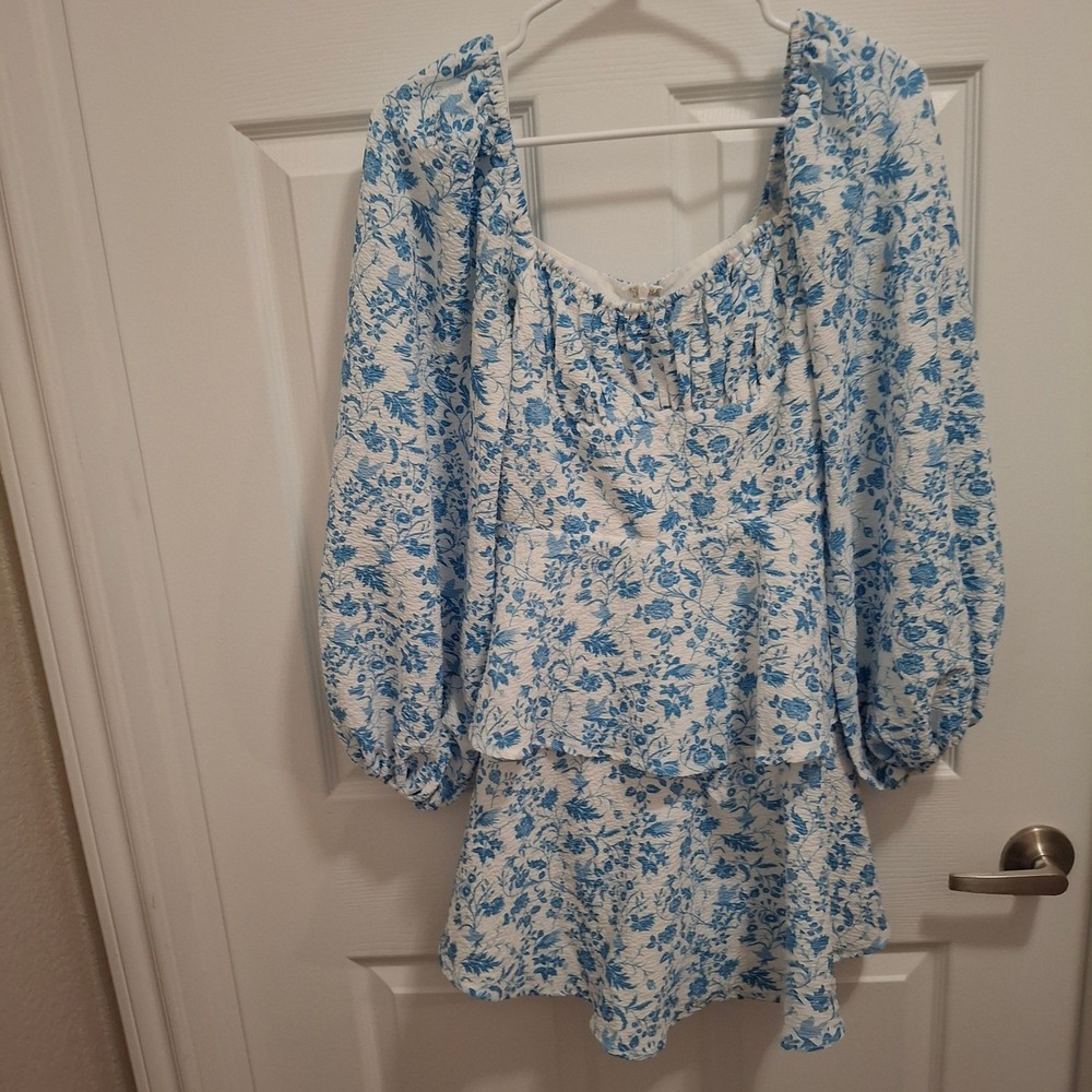 One and Only Collective Blue Floral Puff Sleeve Tiered Mini Dress Size S